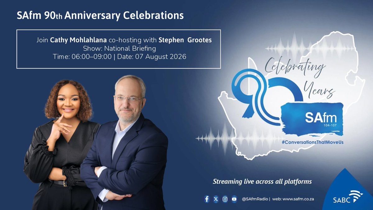 SAfmRadio's tweet photo. ποΈ SAfm Celebrates 90 Years
As part of our 90th Anniversary Celebrations, we're bringing together current and former presenters for special broadcasts throughout August.
Catch Cathy Mohlahlana and Stephen Grootes on The National Briefing from 06:00β09:00.
#SAfm90 #ConversationsThatMoveUs