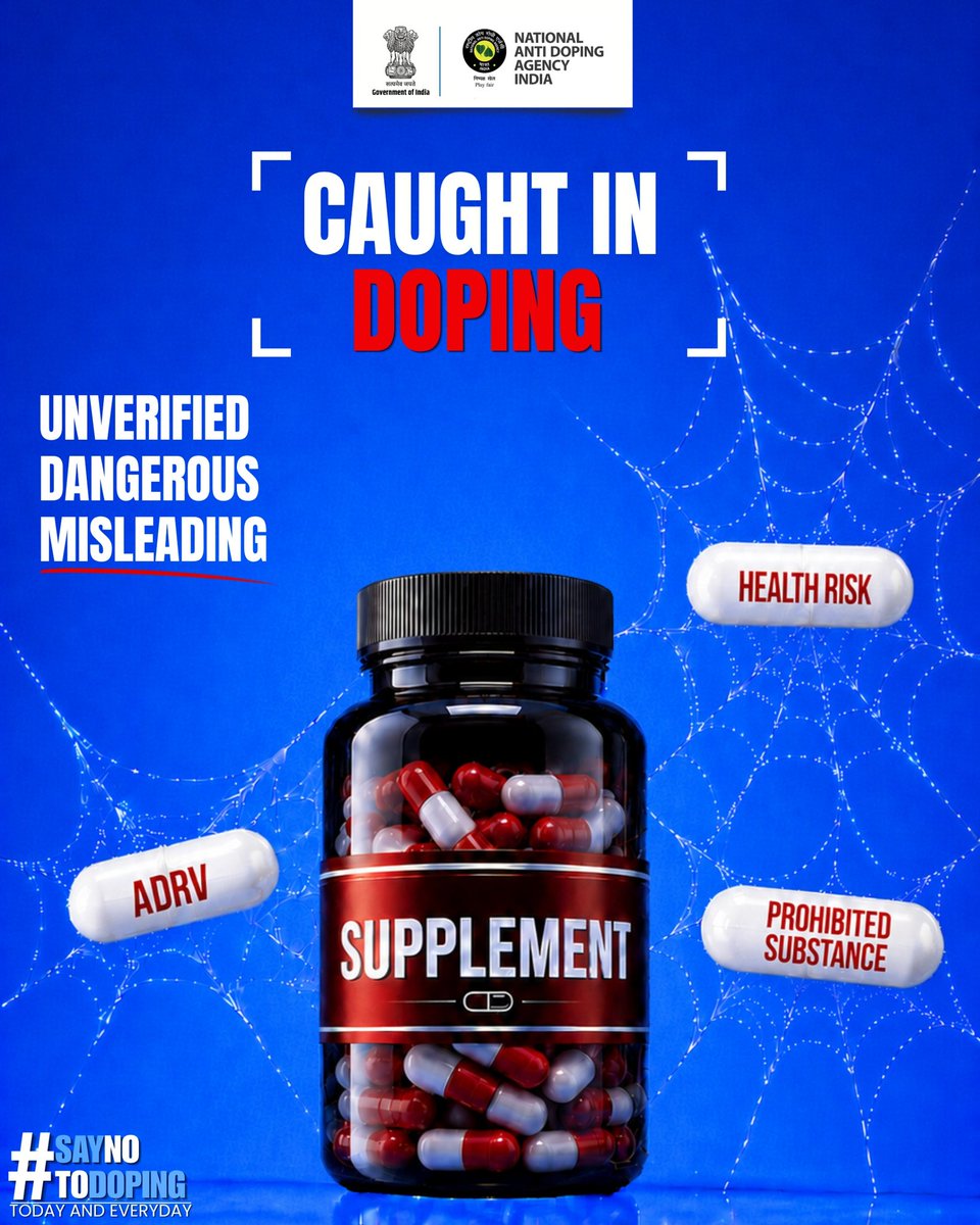 NADAIndiaOffice's tweet photo. Each scoop of a supplement may carry hidden risks, including unverified ingredients, serious health consequences, and the possibility of an unintended Anti-Doping Rule Violation (ADRV).

Be an informed athlete. Choose safe, healthy nutrition over supplements to protect your health, your career, and the spirit of clean sport.

#NADA
#WADA
#PIB
#Sports
#AntiDoping