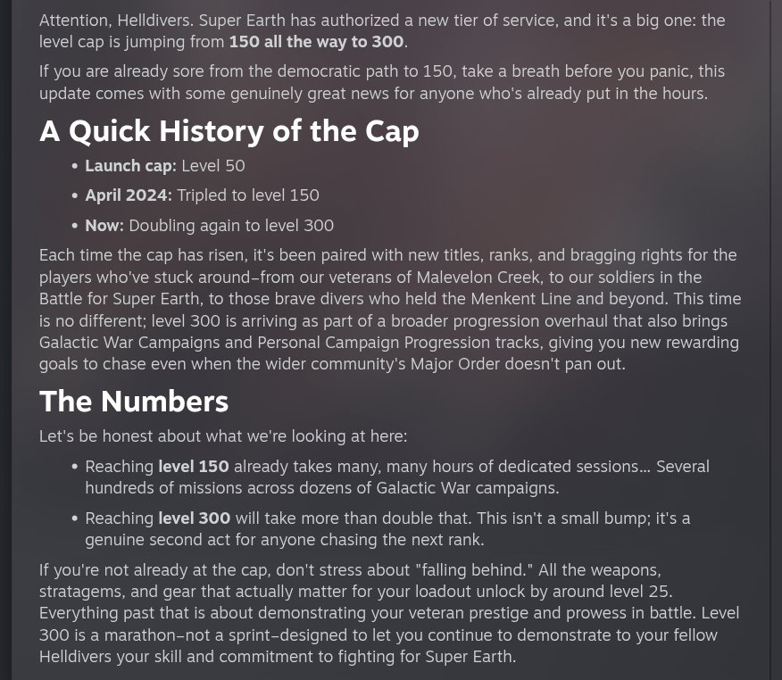 HelldiversAlert's tweet photo. Helldivers 2 is reportedly increasing the level cap from 150 to 300, with banked XP expected to carry over for veteran players. https://t.co/H3NvUB8EFk