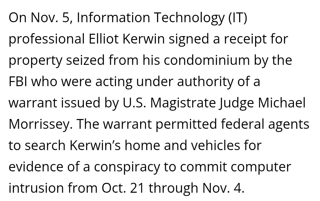 moraltreason's tweet photo. @canncon On November 5, 2020 the FBI searched the home of Eliot Kerwin for hacking into Maricopa's (AZ) voter file.

One day after the election.

Why wasn't the public made aware of this? https://t.co/lIRAUYr4eB