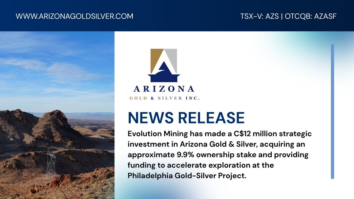 AZSGoldSilver's tweet photo. A C$12 million strategic investment by Evolution Mining, one of the world's leading gold producers, into the Philadelphia Gold-Silver Project.

The proceeds will primarily be used to accelerate exploration.

Read the full news release here: https://t.co/HSCcszXimV

#AZS #AZASF https://t.co/sZkhxcsFxY