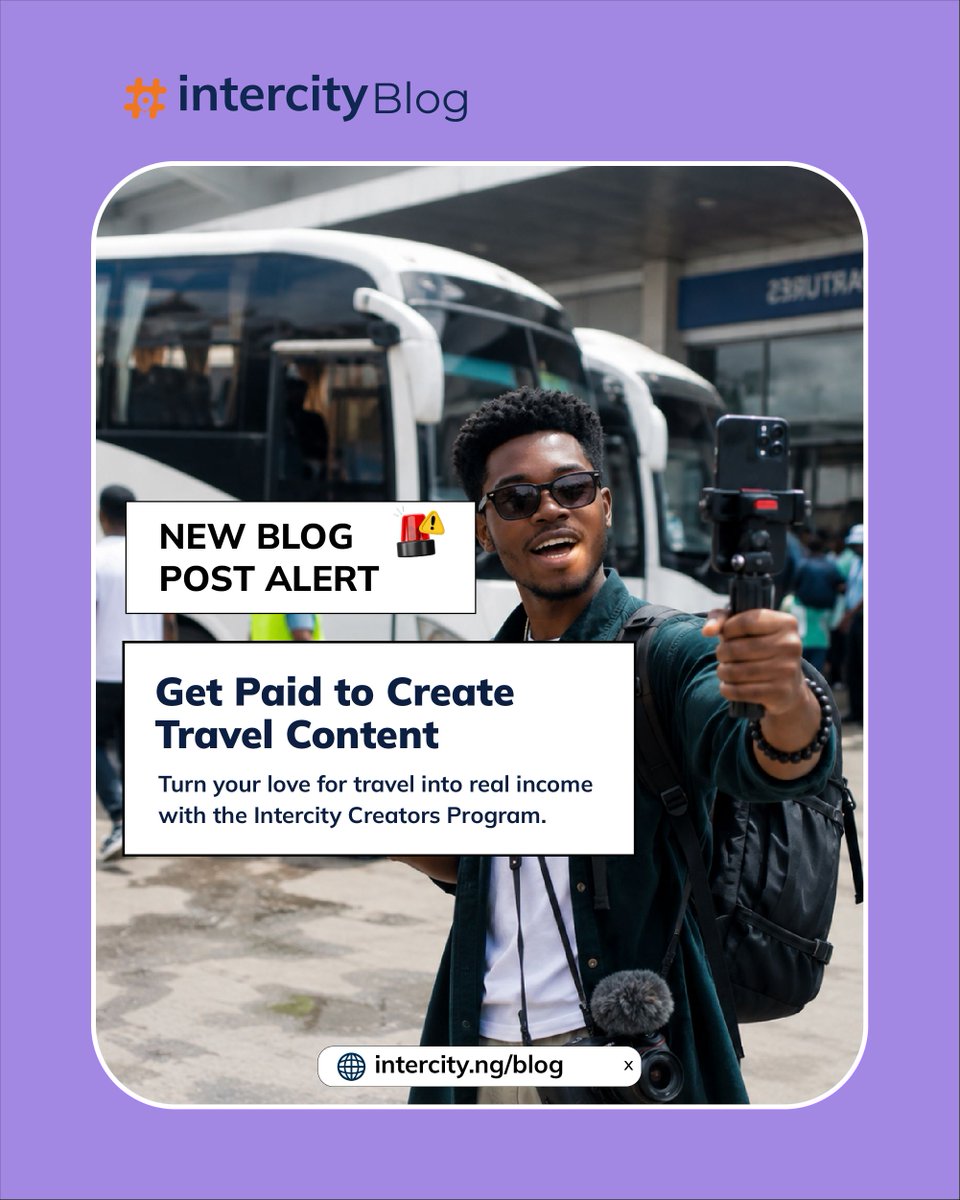 Intercity_NG_'s tweet photo. Love creating content? 📸✈️

What if your travel videos could earn you money?

The Intercity Creators Program is looking for creators who love sharing travel experiences. Create. Inspire. Get rewarded.

Learn more 👇
https://t.co/8vWUvlbeJ2

#IntercityCreators #TravelNigeria https://t.co/6llSyRg3Vg