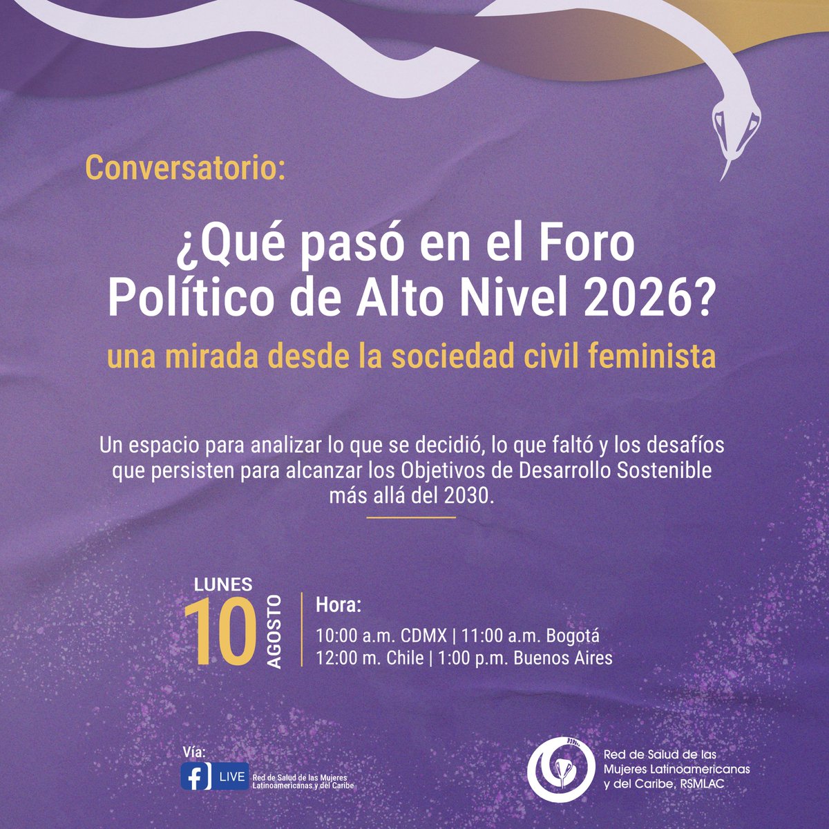 RSMLAC's tweet photo. ¿Qué pasó en el HLPF 2026? 🌍 Conversatorio desde la sociedad civil feminista sobre lo que se decidió, lo que faltó y los desafíos hacia el 2030+

📅 Lunes 10 de agosto 
🕐 10am CDMX | 11am Bogotá
📺 Facebook Live 
#HLPF2026 #Agenda2030 #ODS https://t.co/nSTD9A1HzB
