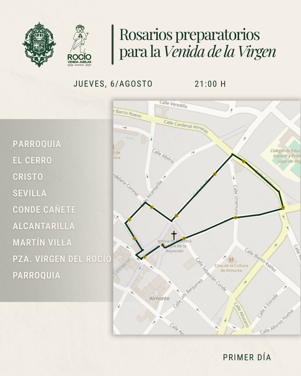 hdadmatrizrocio's tweet photo. 📆Comienzan los rosarios preparatorios para la Venida de la Virgen, presididos por nuestro Simpecado.

Durante nueve noches, recorreremos las calles de Almonte en oración, preparando el corazón para recibir a Nuestra Madre.

Este es el recorrido previsto para hoy.

🕘 21:00 horas

Participa y acompáñanos.

#VenidaRocío26 #MatrizDeAlmonte