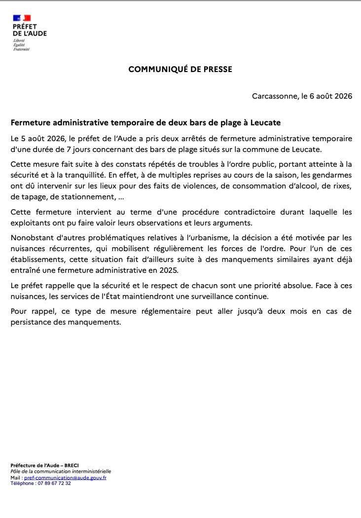 Image de Préfet de l'Aude - ➡️ COMMUNIQUÉ DE PRESSE - Fermeture administrative temporaire de deux bars de plage à Leucate.