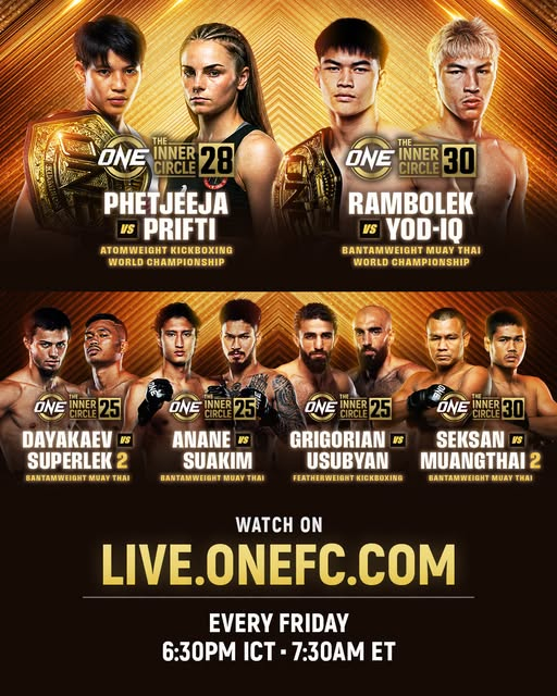 worldofmixedma's tweet photo. π₯ ONEβs Inner Circle lineup
Five major fights across Muay Thai and kickboxing, including Phetjeeja vs Prifti, Rambolek vs Yod-IQ, Superlekβs brother Dayakaev and more.
#ONEChampionship #TheInnerCircle #TheInnerCircle25 #TheInnerCircle28 #TheInnerCircle30 #MuayThai #Kickboxing #Phetjeeja #MartineMichieletto #Rambolek #YodIQ #Dayakaev #Superlek #Anane #Suakim #MaratGrigorian #Usubyan #Seksan #Muangthai