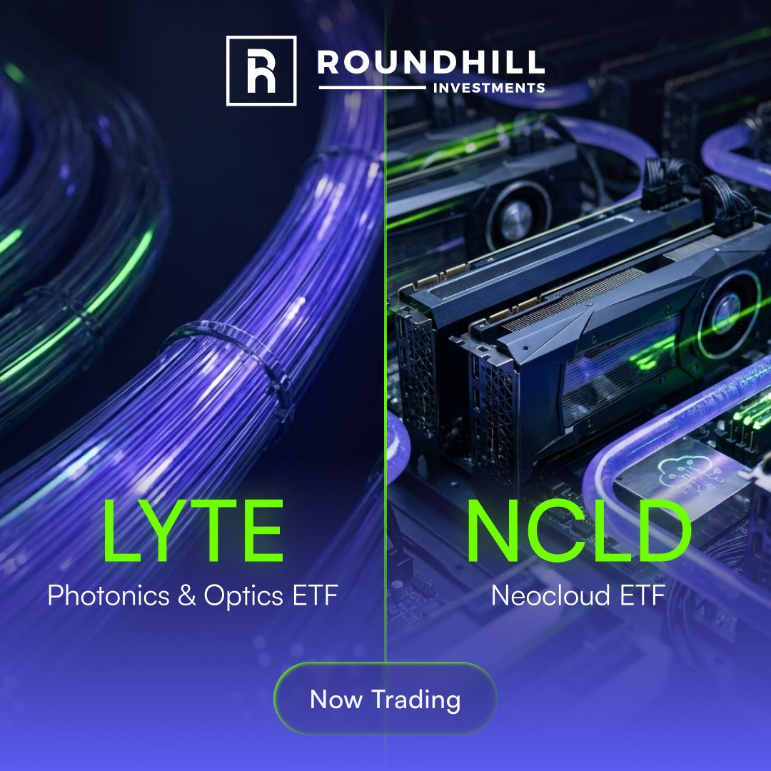 roundhill's tweet photo. The AI buildout has two bottlenecks: moving data and securing compute. We believe both are massive opportunities.

Today we launched an ETF targeting each. The Roundhill Photonics & Optics ETF $LYTE holds the photonics leaders moving data with light. The Roundhill Neocloud ETF $NCLD owns the neoclouds supplying compute. 

Learn more at https://t.co/ubLOsSROWS