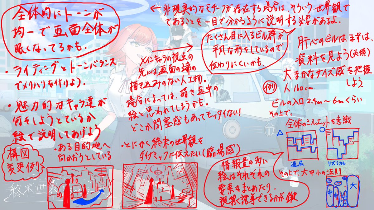 yo_draw's tweet photo. sessa添削の巻。

■1枚目：添削後
■2枚目：Before / After 
■3枚目：添削修正例１
■4枚目：添削修正例２

「主に建物を中心とした背景の描写の添削」についてでした。
といいつつ、キャラクターデザインやバスのデザインデータも別途あって、

キャラクターみんな可愛い！これが愛！！！…となりました。

添削は、正直可能性と方向性が無限大だったのでめちゃ悩みました。

結局、キャラクターをしっかり魅せながらも、世界観描写に力をいれる方向性で添削しました。

画像の添削コメントでは全くポイントを書ききれなかったので、残りはsessaのサイトをご覧ください。
https://t.co/kZw6qIupio
