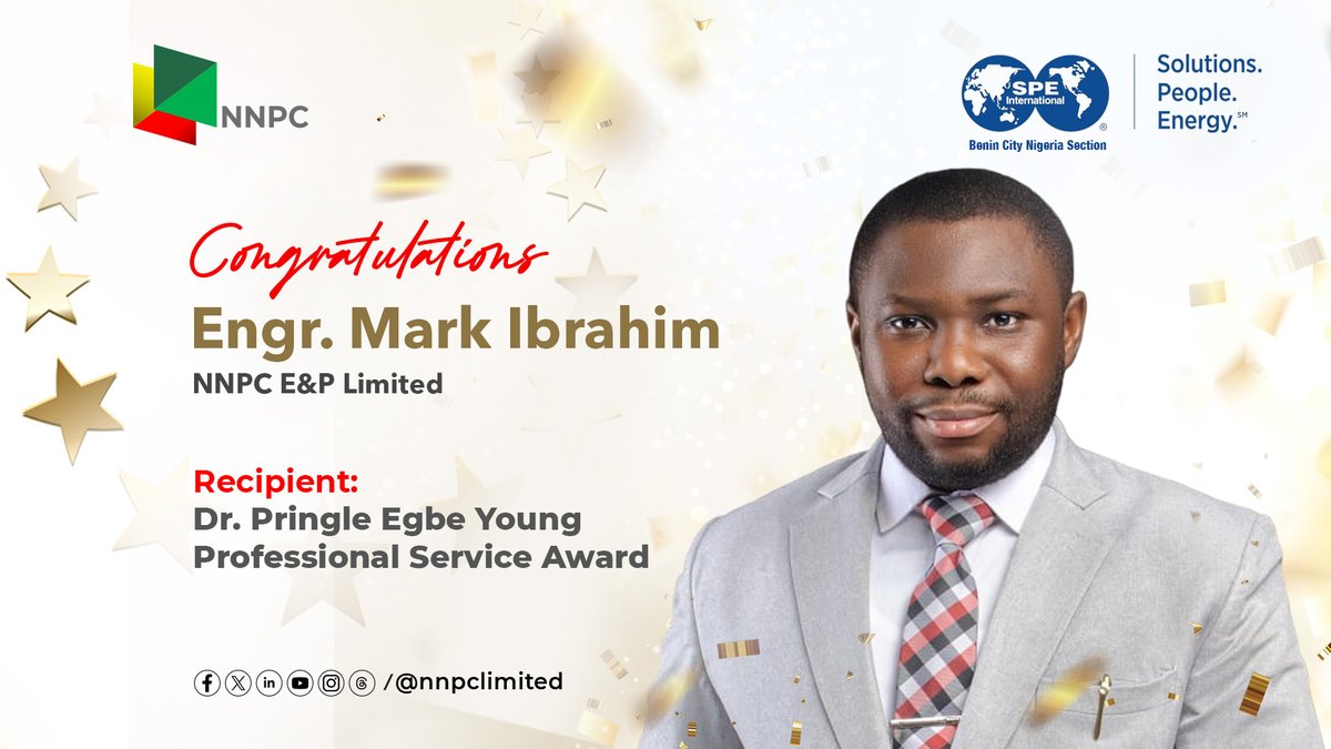 nnpclimited's tweet photo. NNPC’s Ibrahim Wins SPE Young Professional Service Award

We congratulate Mark Ibrahim of NNPC E&P Limited on receiving the Dr. Pringle Egbe Young Professional Service Award at the Dinner and Awards Night of the Society of Petroleum Engineers Nigeria Annual International Conference and Exhibition (NAICE) 2026 in Lagos.

The award recognises Young Professional members of the Society under the age of 35 who have distinguished themselves in leadership, community impact and volunteer service. Ibrahim is one of two NNPC Limited professionals honoured at this year's edition.

At NNPC Limited, our core values are Integrity, Excellence, and Sustainability. Service offered to the profession beyond one's own responsibilities signifies integrity in action, and it is how we build the technical leadership that benefits Nigeria's energy industry.

#SPEAwards2026 
#HumansOfNNPC 
#EnergyForToday 
#EnergyForTomorrow