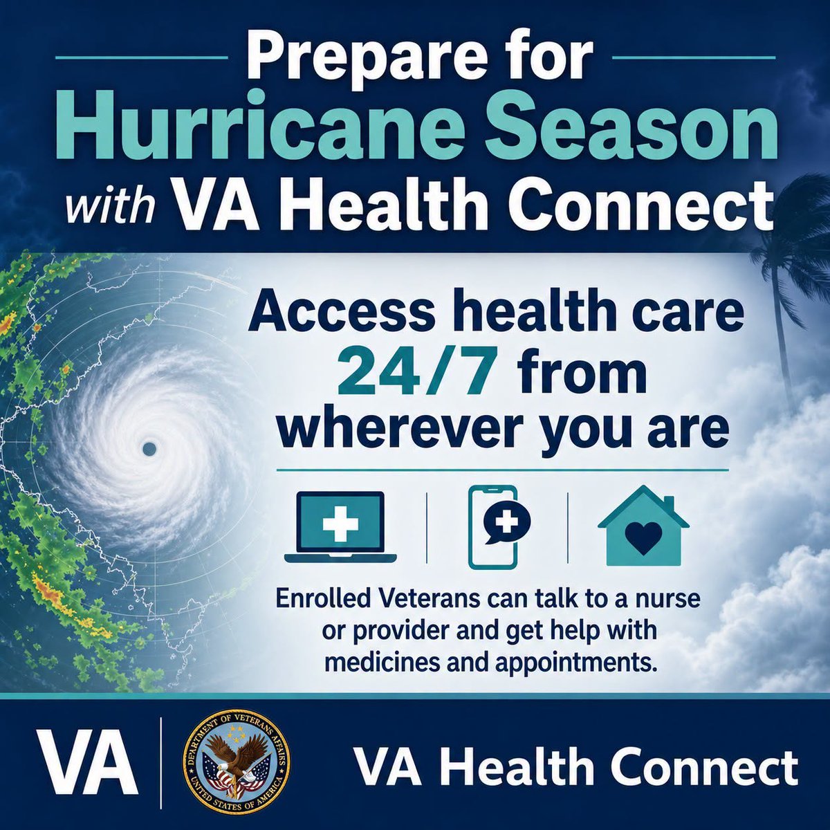 RichmondVAMC's tweet photo. Hurricane season is here. If you're enrolled in VA health care, VA Health Connect lets you reach care 24/7 from wherever you are—before, during, and after a storm.
• Talk with a nurse or medical provider
• Get help with medicines
• Manage your VA appointments
Save this post so you're ready when the weather changes. 
#VAHealthConnect #HurricaneSeason #Veterans
