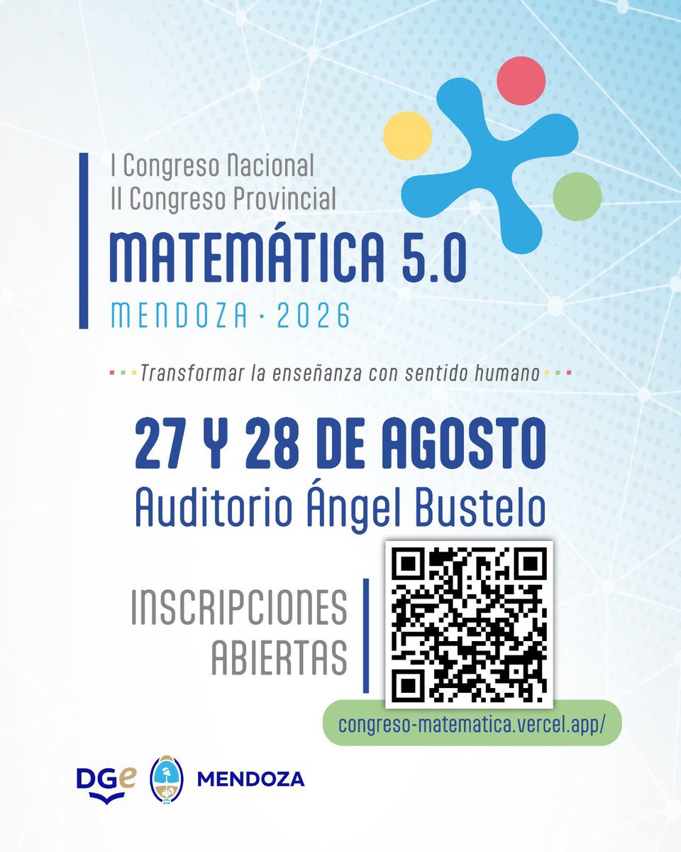 MzaDGE's tweet photo. 📐 Inscripciones abiertas para el I Congreso Nacional y II Congreso Provincial Matemática 5.0.

El encuentro reunirá a docentes, especialistas y estudiantes para compartir experiencias y estrategias de enseñanza.

📅 27 y 28 de agosto
📍 Auditorio Ángel Bustelo https://t.co/jmfzpVquaC