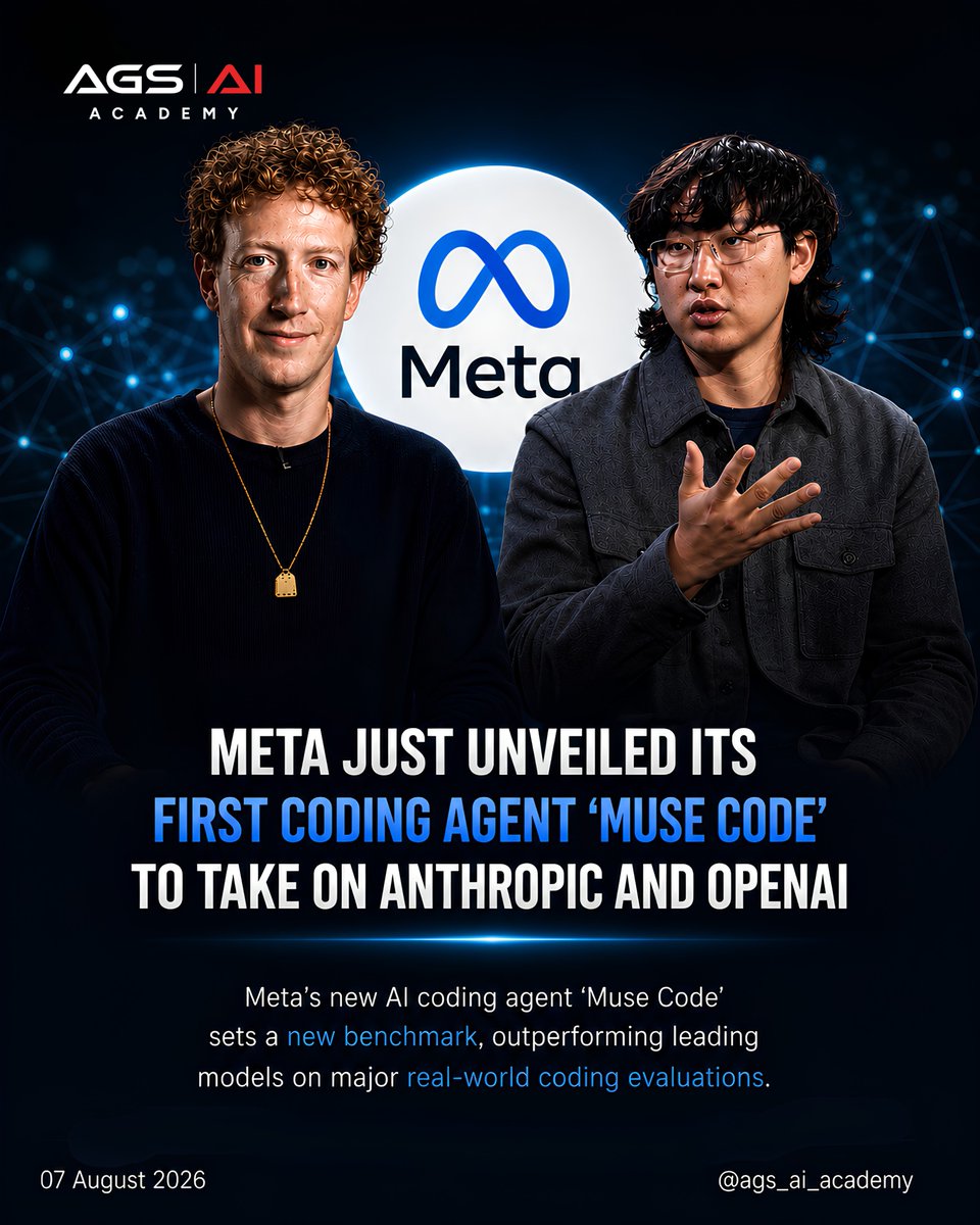 ags_ai_academy's tweet photo. Meta unveiled Muse Code, its first AI coding agent powered by Muse Spark 1.2.

AI-assisted software development is evolving fast.

👉 https://t.co/3ebZ5duZmn

#Meta #MuseCode #AI #Coding #AGSAIAcademy https://t.co/jiJWSoWfsv