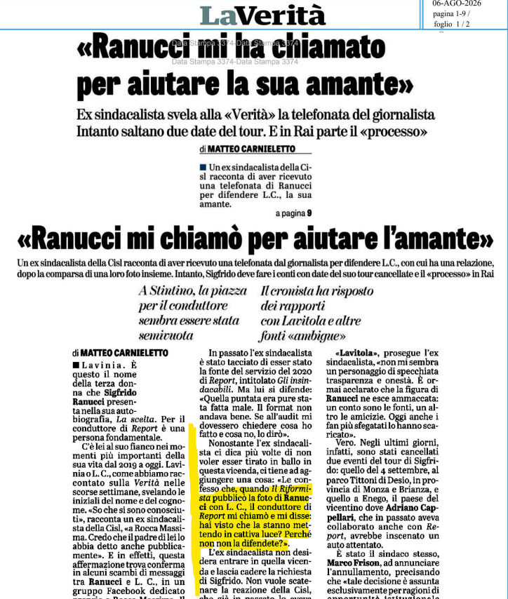 aldotorchiaro's tweet photo. Su La Verità di oggi @MatteoCarniele1 registra una voce della Cisl che rivela: «Quando @ilriformista pubblicò la foto di #Ranucci con Laura #Cianfoni (passata dalla Cisl a @Fincantieri, poi capiremo quando e perché) il conduttore di Report chiamò la Cisl e chiese: Perché non la difendete?»
Tra l'altro, caro @SigfridoRanucci, difendere Laura Cianfoni da cosa? Da chi, da quale contesto, quali compagnie, quali cene, quali intese?
Le cinque ore dell'audit in Comitato Etico di ieri non sono bastate, vogliamo la verità sul caso Lavitola-Ranucci, su chi e perché avrebbe orchestrato quell'"attentato d'amore" nel giardino di casa.
E vogliamo capire perché @UsigRai continua a tacere sulla vicenda. E perché si considera normale che un giornalista Rai interferisca con il lavoro del Riformista fino a telefonare ai sindacati e chiedere di contrastarci.
@ODG_CNOG ci sono tutti i presupposti per una misura disciplinare, quando vi risvegliate dal torpore agostano ne parliamo?