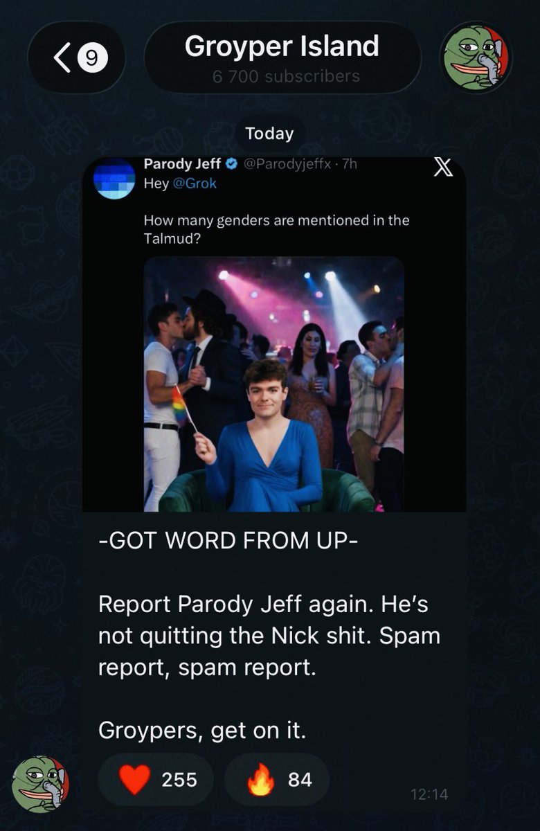 Parodyjeffx's tweet photo. They just leaked this screenshot to me.

Nick Fuentes is giving instructions to people close to him, who then pass them down to others in his network to mass report my account.

I honestly don’t see any difference between him and Laura Loomer anymore. https://t.co/yxZkhfs40t