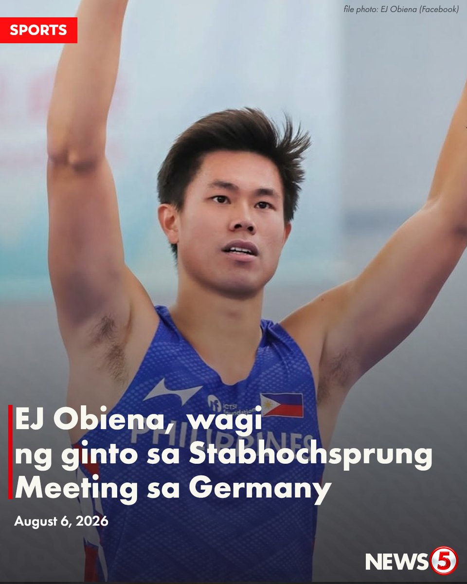 News5PH's tweet photo. GOLDEN BOY! 🥇🇵🇭

Nasungkit ni Filipino Olympian EJ Obiena ang panibagong ginto sa Stabhochsprung Meeting sa Jockgrim, Germany ngayong Huwebes, Aug. 6 (Philippine time) matapos ma-clear ang 5.83 meters sa kompetisyon.

Naungusan ng Pinoy pole vaulter si Seifeldin Abdelsalam ng Qatar na naka-clear din ng 5.83 meters ngunit sa ikatlong attempt.

Ito na ang ikapitong gold medal ni Obiena sa 2026 season. I via One Sports

#StabhochsprungMeeting #EJObiena