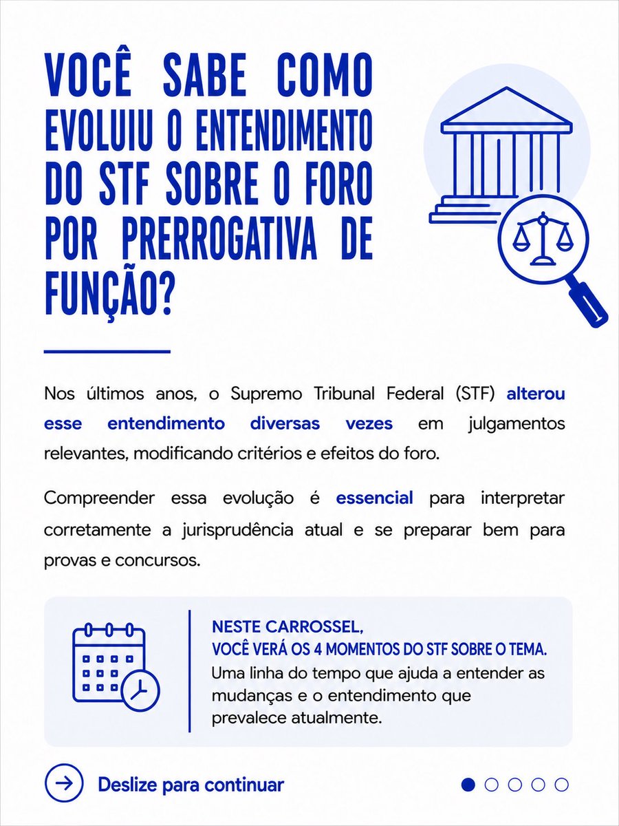 leonardobmalves's tweet photo. Você conhece a evolução do entendimento do STF sobre o foro por prerrogativa de função?

Nos últimos anos, o Supremo modificou esse entendimento em momentos distintos. Conhecer essa evolução é essencial para compreender a orientação atualmente vigente.

Deslize e entenda. https://t.co/E5c1Gs6QFm