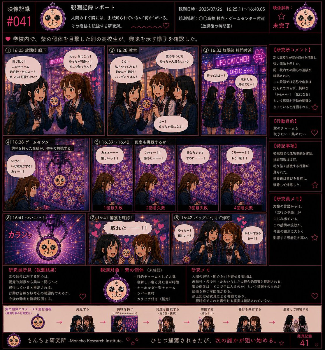 moncho_lab_'s tweet photo. ▶映像記録 #041

別の高校生2名が、紫の個体に興味を示す様子を確認。

「どこで取ったん？」 その一言から、新たな行動が始まる。

目撃は興味へ。 興味は挑戦へ。
複数回の失敗を経て、ついに1体の捕獲を確認した。
観測の結果、紫の個体は「かわいい」という感情だけで、人から人へ広がり始めている可能性が高い。

#もんちょ研究所 #映像記録 #紫の個体 #研究記録 #観測報告  #目印チャーム 
#UFOキャッチャー  #増殖中