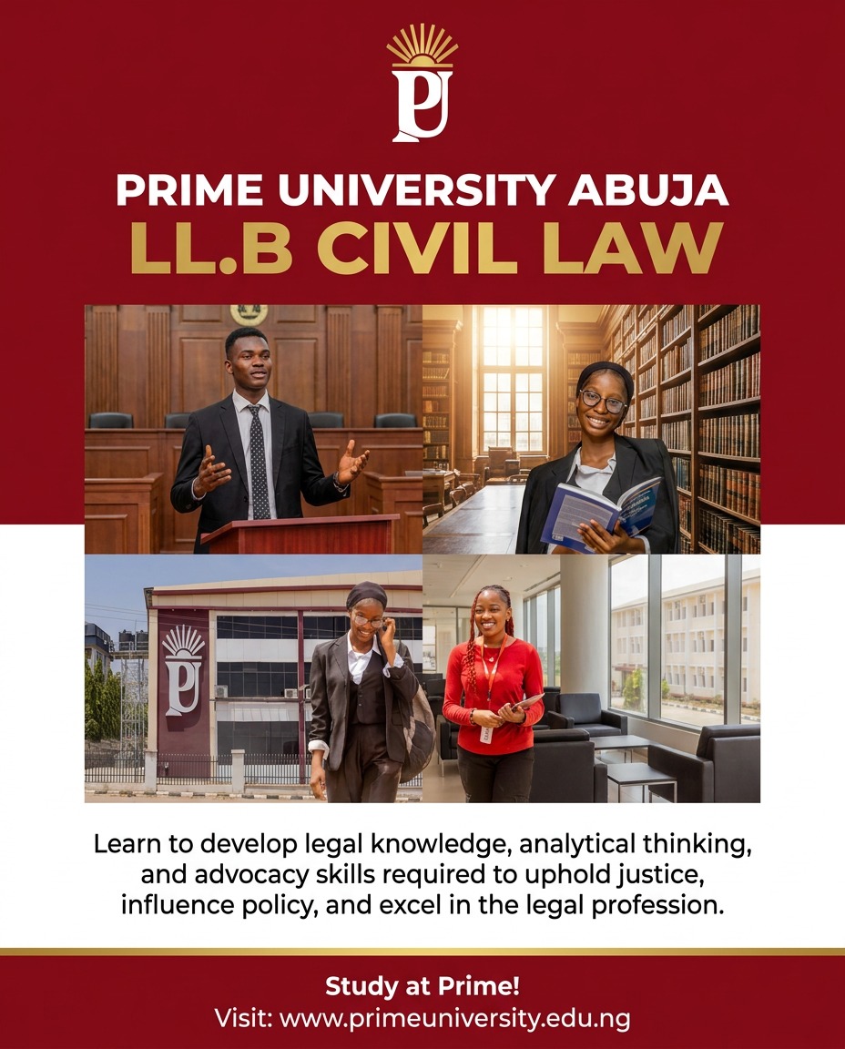 PrimeUniAbj's tweet photo. Do you aspire to argue #cases, influence #policy, protect #rights, &amp; create meaningful #change?

The LL.B Civil #Law programme @PrimeUniAbj  equips you with the legal knowledge, advocacy skills, and practical understanding required to succeed in today's dynamic legal landscape https://t.co/ysRQiPf4BI