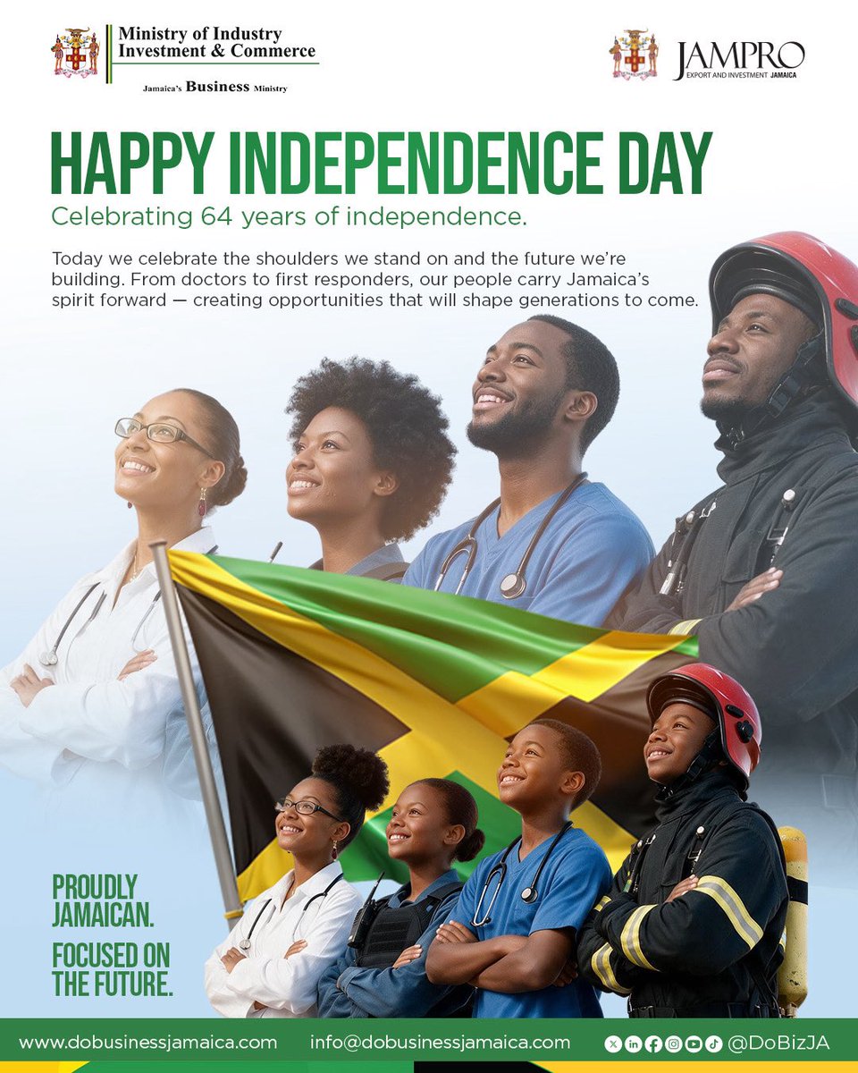 Jamprocorp's tweet photo. 64 years of independence. A future built by our people. Happy Independence Day, Jamaica 🇯🇲 https://t.co/9A9OXfE85l