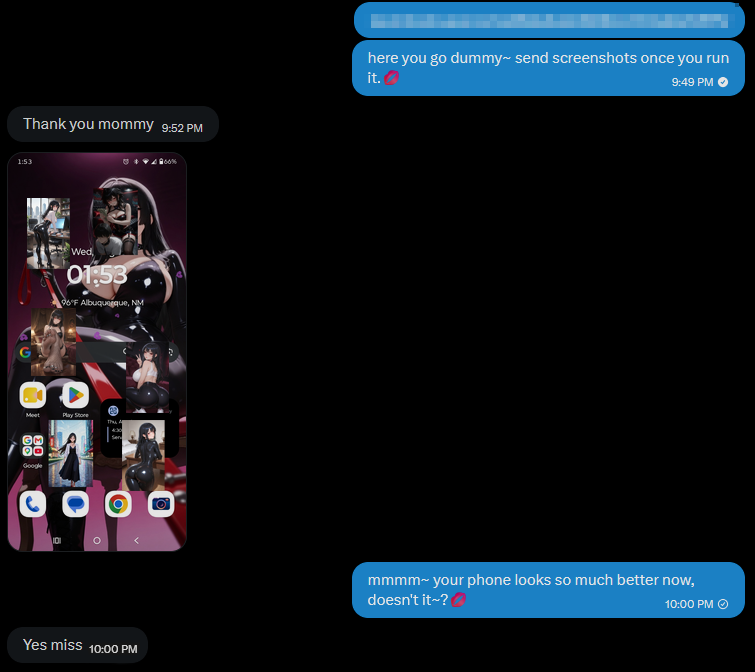 0xAdaOverride's tweet photo. another day, another phone completely taken over~📱

he clicked my ✨shiny link✨ like a good clickslxt he is, and now I appear every time he tries to use it~💖

ADA OVERRIDE apk is now controlling your life, dummy~🥰 pathetic peasants like you don't get to use their phones on your own terms… from now on, Ada is in charge~💞 watching my perfect ass and feet is far more important than whatever else you were watching.💋

who’s next?💖
DM if you’re ready to install it and send proof like this good boy did~ 💸