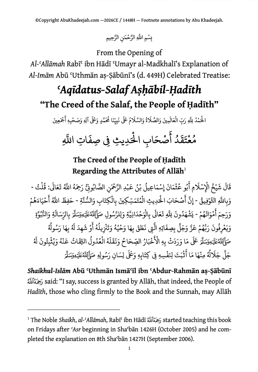 AbuKhadeejahSP's tweet photo. 🕌 The Conference at @SalafiPubs begins tomorrow with the Jumuʿah Khutbah at @AstonMasjid by Shaikh @uwaysT and at @MasjidSalafi by Shaikh @Abdulilah_UK inshā'-Allāh.

⬇️ As for my lectures, I have prepared a FREE PDF book, available on my website at the link below. Please print it off and bring it with you. Use it to take notes in the margins or in a separate notebook.

📚 You will also need the newly translated publication, "The Clarification of the Foundations of Islamic Belief," by Imām Abul-Hasan al-Ashʿarī, which is now available at the Salafi Bookstore. An excellent accompaniment to the book of Imām as-Sābūnī that we'll be studying, inshā'-Allāh.

📚 Finally, I encourage you to add al-ʿAllāmah Rabīʿ ibn Hādī's explanation of Imām as-Sābūnī's ʿAqīdatus-Salaf Ashābil-Hadīth to your home library. A truly amazing work. Available at the Salafi Bookstore on Coventry Road and online. Build your home library!

🌐 Here's the link to the PDF on my website:

https://t.co/X57bVLF1VR