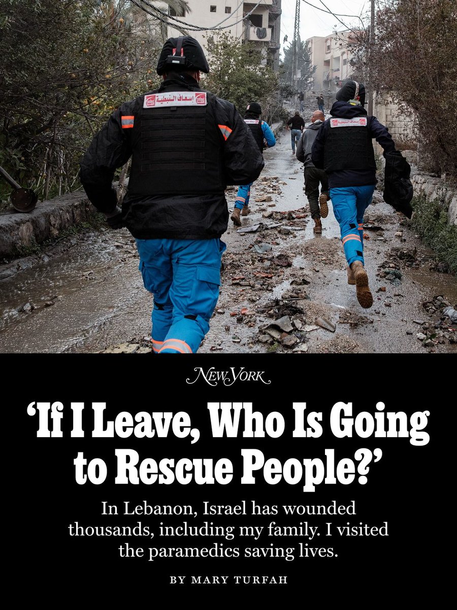NYMag's tweet photo. Israel’s attacks on Lebanon have killed over 4,000 and displaced over 1 million people. Under this pressure, any health-care system would struggle. But in Lebanon, as in Gaza, medical workers are themselves targets, too. Since March 2, the World Health Organization has documented attacks that killed 135 health-care workers and injured 405 more.

“The paramedics Israel is targeting in Lebanon are volunteers — jeopardizing their lives not to earn a living, but to help in their spare time,” writes Mary Turfah. “Many of them have day jobs or are enrolled in university. They work on rotation." The risks they’re taking are clear. And they are offered the option to leave. Very few of them do.

As a doctor with family members who have been wounded in Lebanon by Israel’s bombs, Turfah wanted to visit the paramedics doing this vital work, and ask them why they risk their lives. “We started on this path to help people,” a 24-year-old medic named Hussein told her. “As much as we’re under threat, if I leave and someone else leaves and someone else leaves, who is going to rescue people?”

Read Turfah’s full dispatch from Lebanon, where she spends time with the medics risking their lives to save the people around them: https://t.co/B5P7IwHxPA