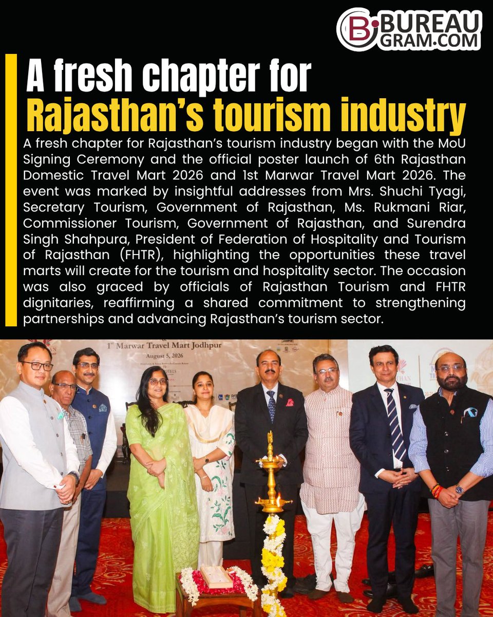 bureaugram's tweet photo. https://t.co/AYiOcVuOtS
A fresh chapter for Rajasthan’s tourism industry....
.
.
@RajasthanTourism @mygovindia @PIB_India

#BureaugramNews #RajasthanTourism #RDTM2026 #MarwarTravelMart #Tourism #Hospitality #TravelIndustry #ShuchiTyagi #RukmaniRiar #FHTR #TourismDevelopment https://t.co/gslNoGGqLs