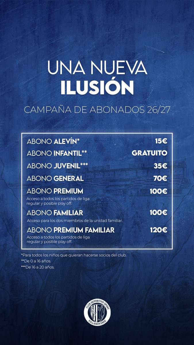 Cdsvillanovense's tweet photo. 💙 UNA NUEVA ILUSIÓN 💙
Ya ha comenzado nuestra campaña de abonados 2026/27.
Queremos que formes parte de una temporada llena de ilusión y pasión por el equipo.
Ahora es el momento de apoyar al equipo y vivir cada partido junto a nosotros.
🎟️ ¡Hazte abonado!
💙🤍 #UnaNuevaIlusión https://t.co/yEa4qW7Cjo