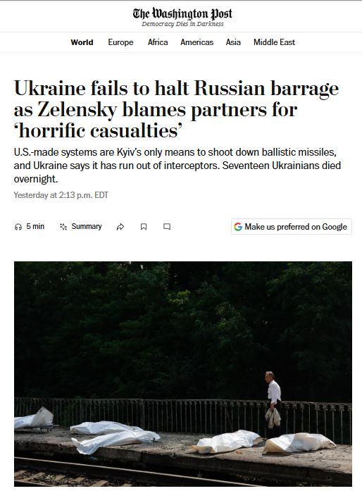 HavryshkoMarta's tweet photo. Winter is coming, and Ukrainians are virtually defenseless against Russian ballistic missiles. 

Not only the United States, but the EU as well — whose leaders never tire of publicly pledging their undying loyalty to Ukraine and chanting the mantra of support for “as long as it takes” — apparently have no “spare” Patriot interceptors to send.

So how exactly does Zelensky plan to protect his people while constantly raising the stakes — escalating strikes deep inside Russia, talking about “40 days of forcing Russia into peace,” and producing yet another round of grandiose rhetoric?

Does he ever stop to think about the people he is supposed to protect? Does he calculate how many Ukrainian civilians may not survive this winter as a consequence of what increasingly looks like a strategy of perpetual escalation and war prolongation? Or has keeping the war going — and himself in power — become the strategy itself?
-----
WP: "European governments, Ukraine’s chief military backers, have been reluctant to hand over more of their Patriots out of worry this could hobble their own defenses. Earlier this year, the Trump administration prodded several European countries to send Kyiv their Patriot missiles, but some declined out of such concern".

“The situation is really bad,” a former senior Ukrainian official said Wednesday, speaking on the condition of anonymity because of the sensitivity of the subject, predicting a “worst scenario” by this winter.

“No interceptors now, and in upcoming months I don’t believe that this is possible to find some significant numbers. It’s important, and even if we would have some figures, it won’t be enough, because Russia has many more ballistic missiles."