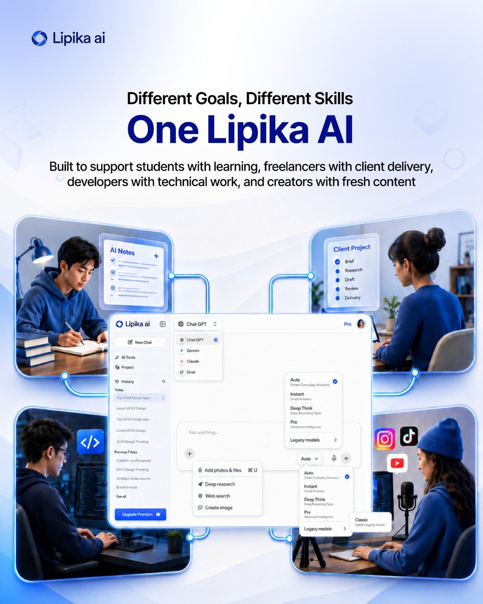 lipikaai's tweet photo. Different goals need different AI but not different platforms.

Study, write, code, research, brainstorm, and create with chatgpt, gemini, claude &amp; grok in one smart workspace.

Work smarter, not harder.

🚀Start free: https://t.co/A8EMRAMCGe

#LipikaAI #AIWorkspace #Productivity https://t.co/rVvT2zA2qO