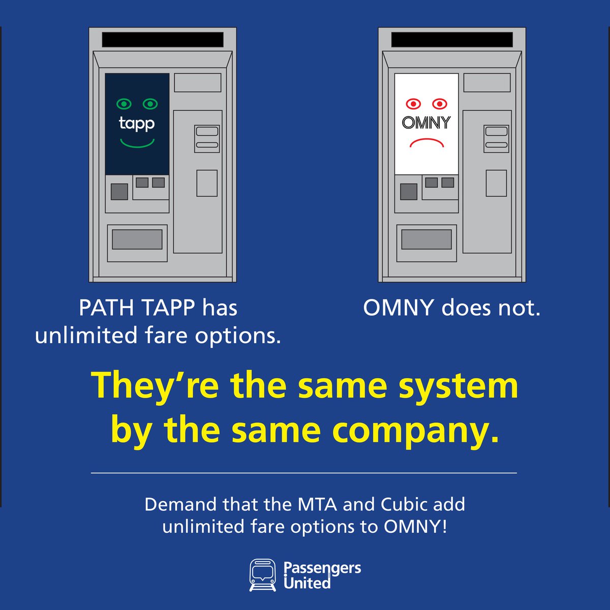PassengersUnite's tweet photo. Did you know: #OMNY and #PATH #TAPP use the same fare technology by the same company, Cubic Transportation Systems! Yet only one of the two offer unlimited fare options…despite them being needed for both… https://t.co/jT8mTCQlX5