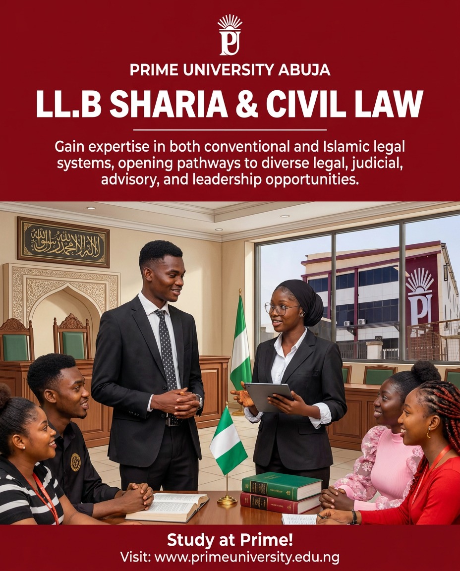 PrimeUniAbj's tweet photo. Why limit yourself to #one legal pathway when you can gain expertise in #two?

@PrimeUniAbj's LL.B Sharia &amp; Civil Law provides a unique blend of #conventional and #Islamic legal #education, preparing you for careers in #legal practice, #judiciary, #advisory services etc. https://t.co/wHWJ1sNl4p