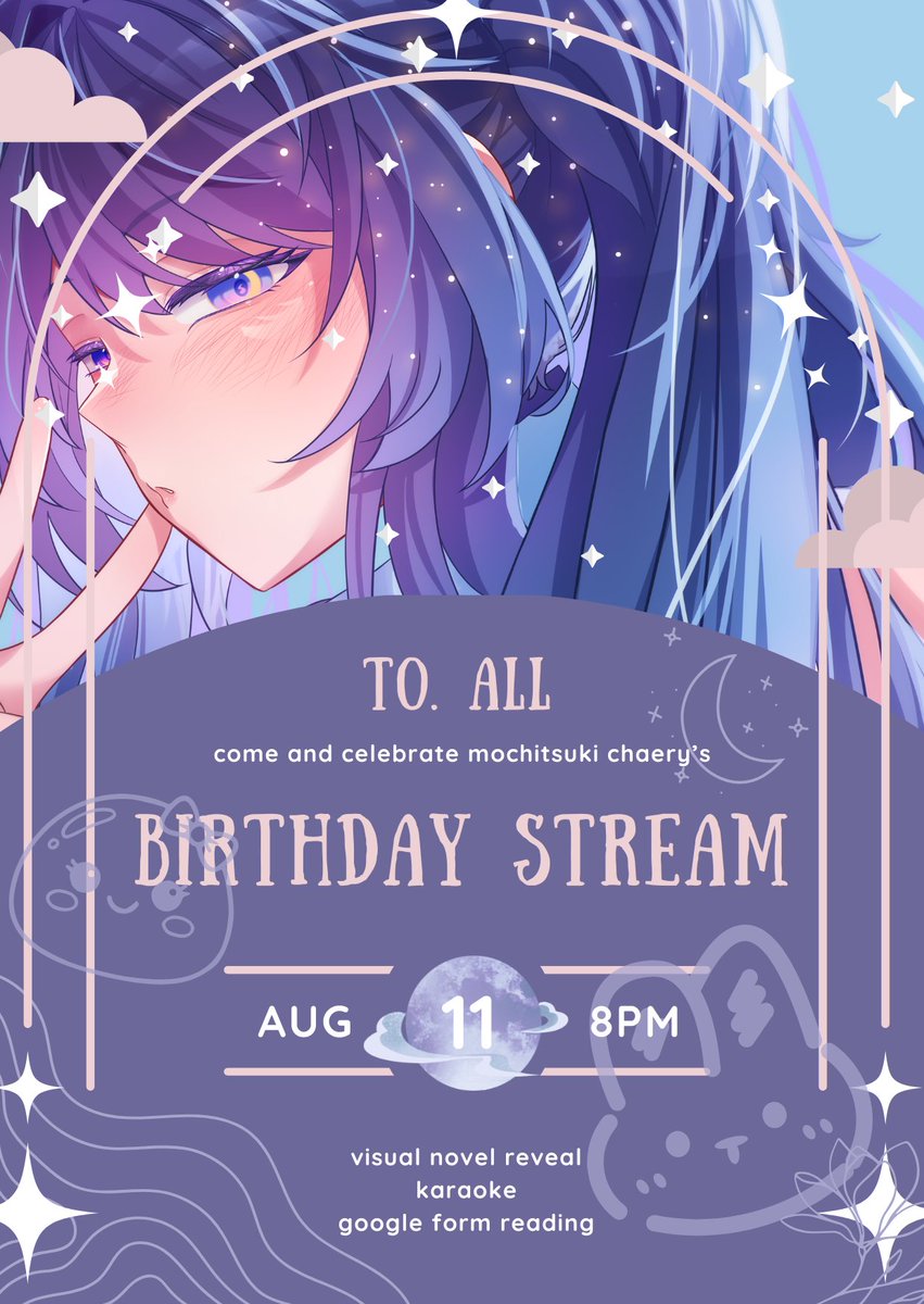 chaechaeryx's tweet photo. 🌙 chaery's birthday stream! 🍡  

 cerichiwa!  

my birthday is on august 9th, but i will be celebrating it with you on:

📅 tuesday, august 11th 2025 
🕗 20:00 GMT+7 
📌 double stream on https://t.co/DtLfzLJMUb || https://t.co/ofCt7fGrwC

come join the fun of my first ever visual novel reveal, karaoke, and google form reading!  
I will also be holding a 50k e-wallet giveaway for two lucky people! requirements:

1. You have to fill out the birthday form.
2. You have to follow my twitter, twitch, and youtube channel.

fill out the birthday messages here: 
https://t.co/e2sCVoK71o💌
 i’d love to see you there💙🍎