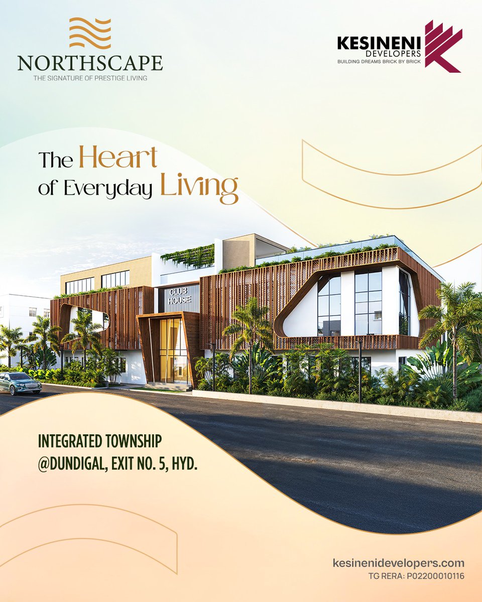 KesineniDev's tweet photo. At #KesineniNorthscape, discover the heart of everyday living—where every day feels beautifully complete.

📍 Integrated Township | Dundigal, Exit No. 5, Hyd.
🏛️ 21,000 Sq. Ft. Grand Clubhouse
🌐 https://t.co/VIHw3VtiaX

#KesineniDevelopers #Hyderabad #RealEstate #LuxuryLiving https://t.co/oikoBK93Bv