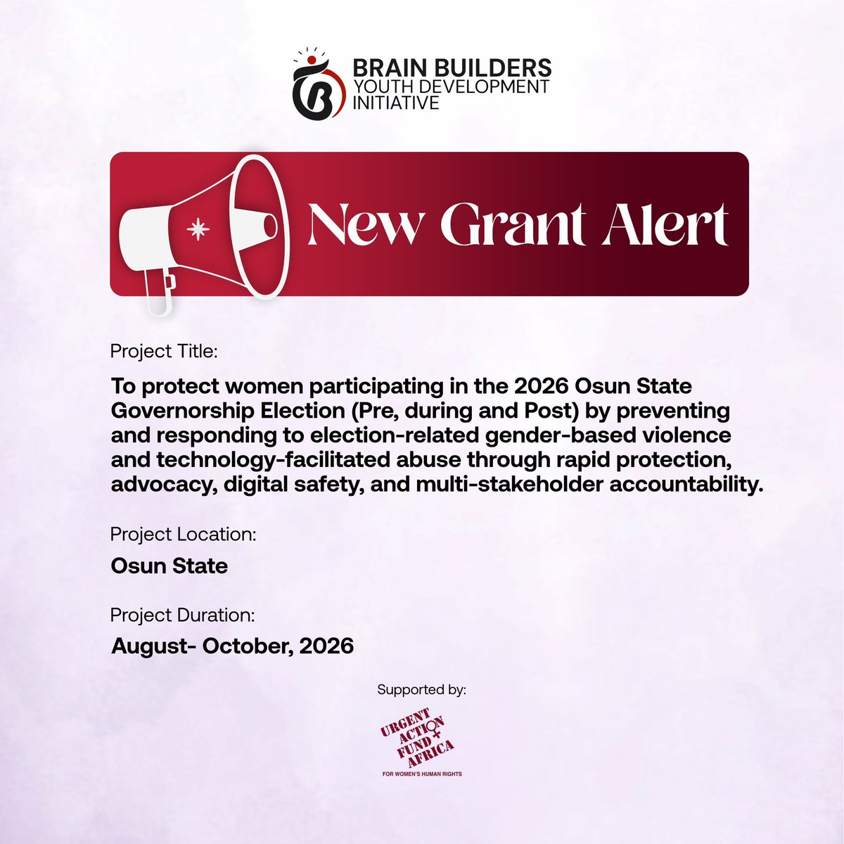 BrainBuilders01's tweet photo. Osun votes on 15 August. For women in and around that election, the campaign has brought threats, harassment, and images and videos manufactured or circulated to humiliate them. Some of it happens on a phone screen. Some of it happens in a market. It works the same way either time, which is to make being visible in public life cost more than most women can afford to pay.

That cost falls on women who are candidates, party organisers, journalists, poll officials and voters. When they withdraw, an election gets decided without them.

So we're grateful to Urgent Action Fund-Africa for backing our work to protect women taking part in this election, running from August to October 2026.

We'll be offering direct support to women affected, working with women's networks, legal partners and journalists across the state, and pressing the institutions with the power to act to treat these attacks as electoral harms rather than the ordinary rough and tumble of politics.

We'll share more as the work gets going.

#SafeToRunOsun #HerVoteHerVoice
