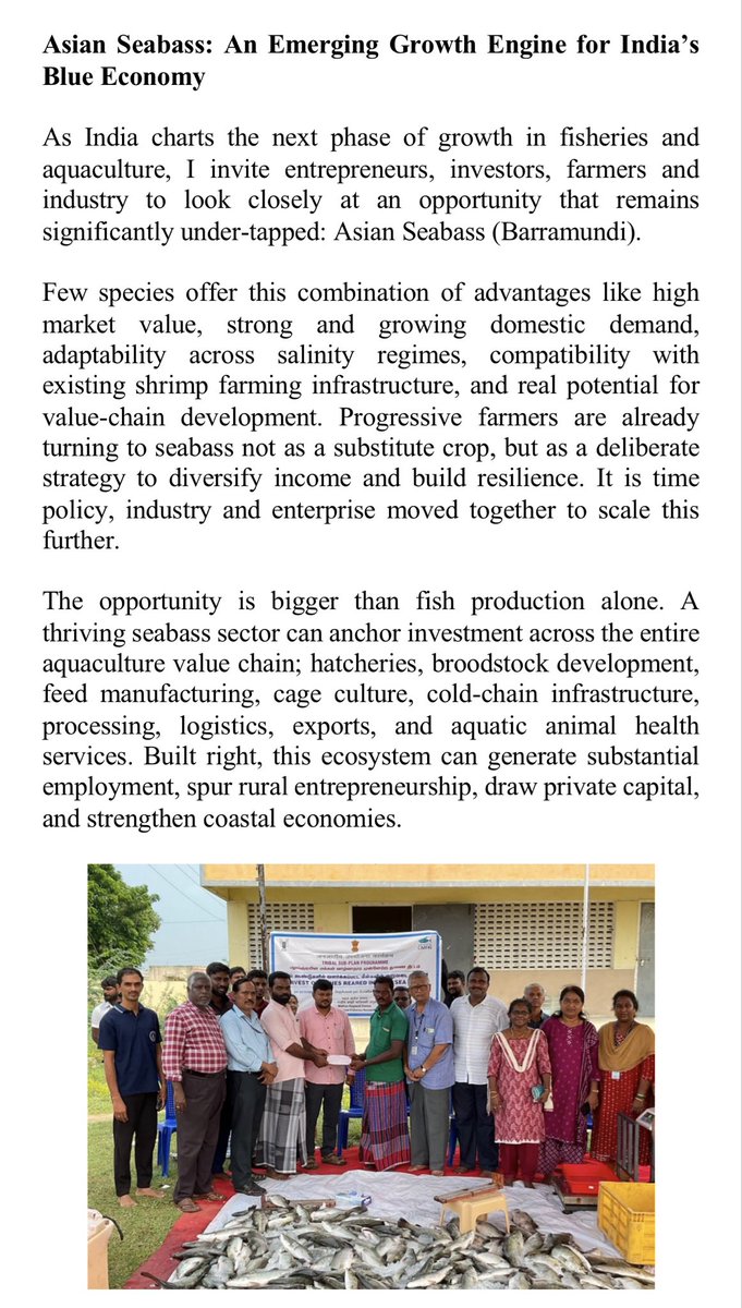 SMehraWrites's tweet photo. Asian Seabass: Next big growth story in Indian aquaculture. Here are a few reflections on how Asian Sea Bass can unlock new opportunities for higher farmer incomes, rural entrepreneurship, and sustainable coastal development in India. 

#PMMSY #FIDF #ICAR-CMFRI #MPEDA-RGCA https://t.co/1HWte4gq7U