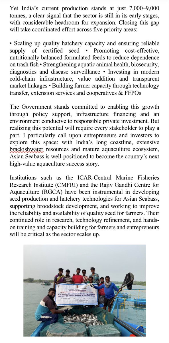 SMehraWrites's tweet photo. Asian Seabass: Next big growth story in Indian aquaculture. Here are a few reflections on how Asian Sea Bass can unlock new opportunities for higher farmer incomes, rural entrepreneurship, and sustainable coastal development in India. 

#PMMSY #FIDF #ICAR-CMFRI #MPEDA-RGCA https://t.co/1HWte4gq7U