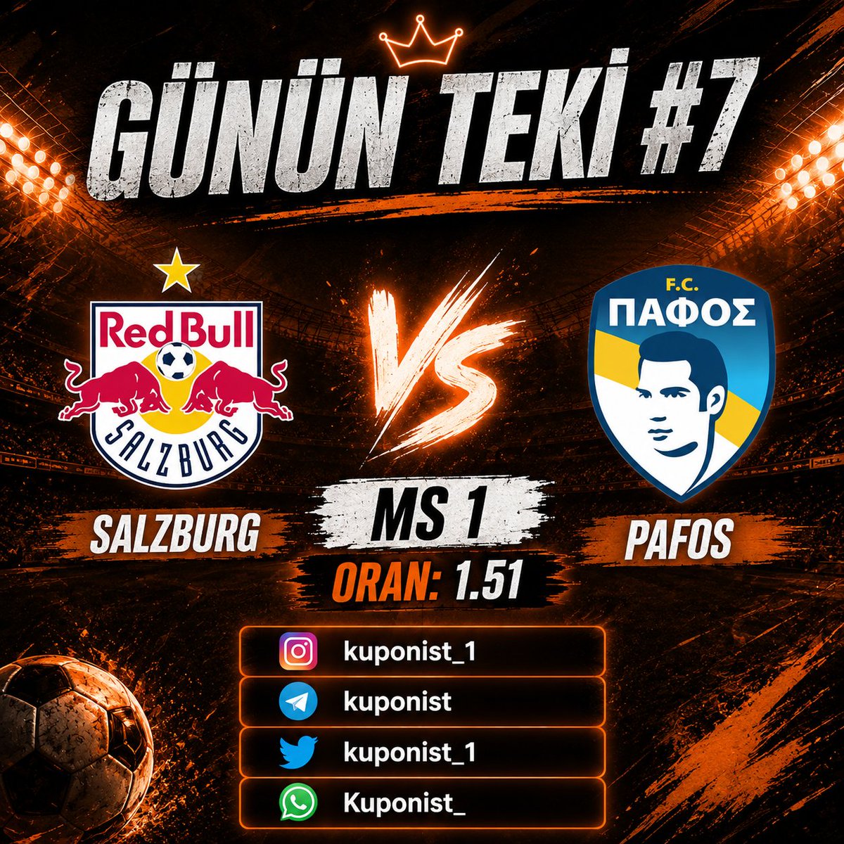 Kuponist_1's tweet photo. GÜNÜN TEKİ 7.GÜN HAZIR.7.GÜNDE OYNAYACAĞIMIZ KARŞILAŞMA SALZBURG - PAFOS MÜCADELESİ 1.51 ORANDAN MS1 ALIYORUZ.👇👇📊📊⚽️⚽️ https://t.co/OJD25Oo4vi