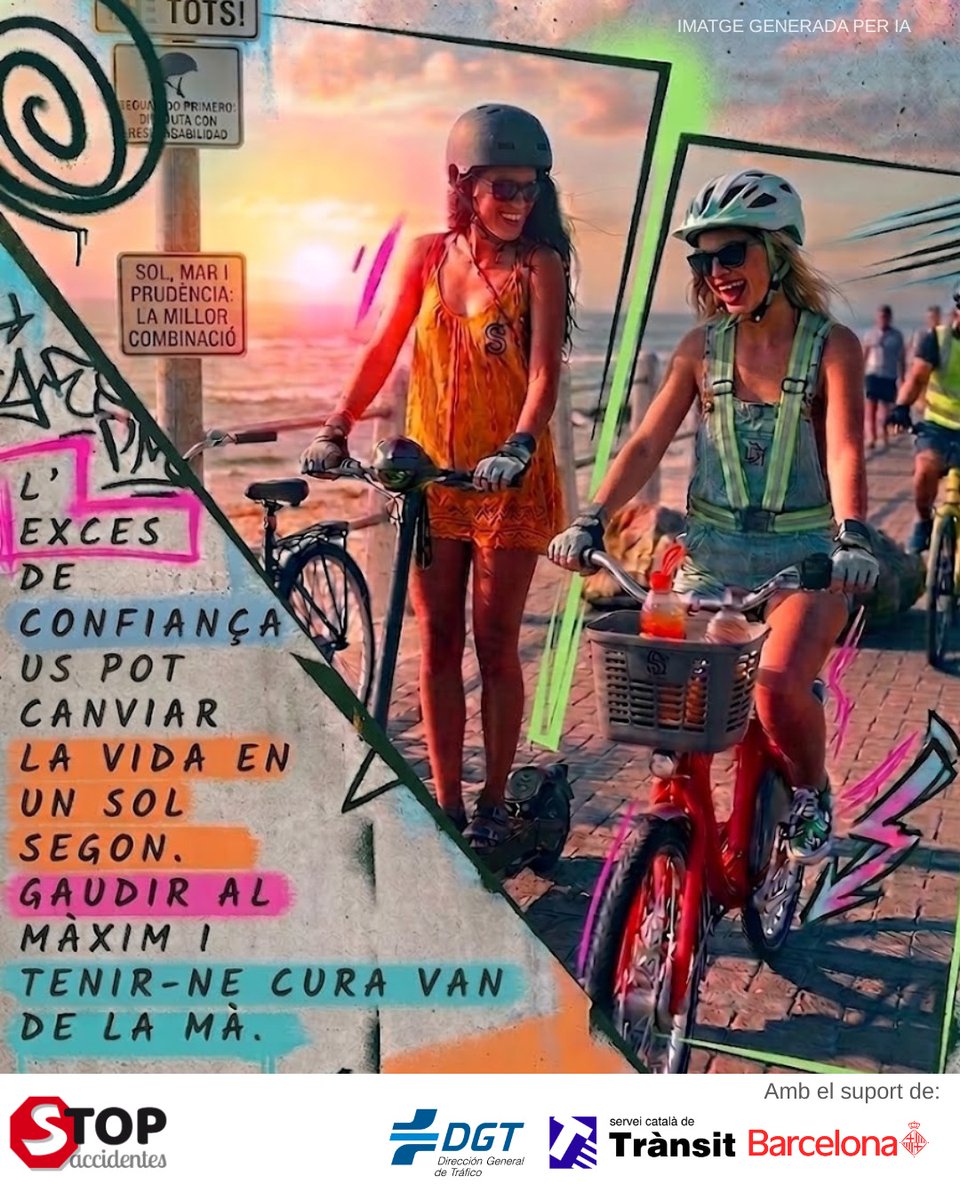 StopAcciCat's tweet photo. ☀️🚲🏊🏼 Sol, platja, amics i la llibertat de moure't a #bici o #patinet. La combinació perfecta per gaudir del bon temps... sempre que sumis l'ingredient estrella: la #prudència. #AulesActives #Fes-teVisible #SeguretatViaria https://t.co/LSTvLPqzZj