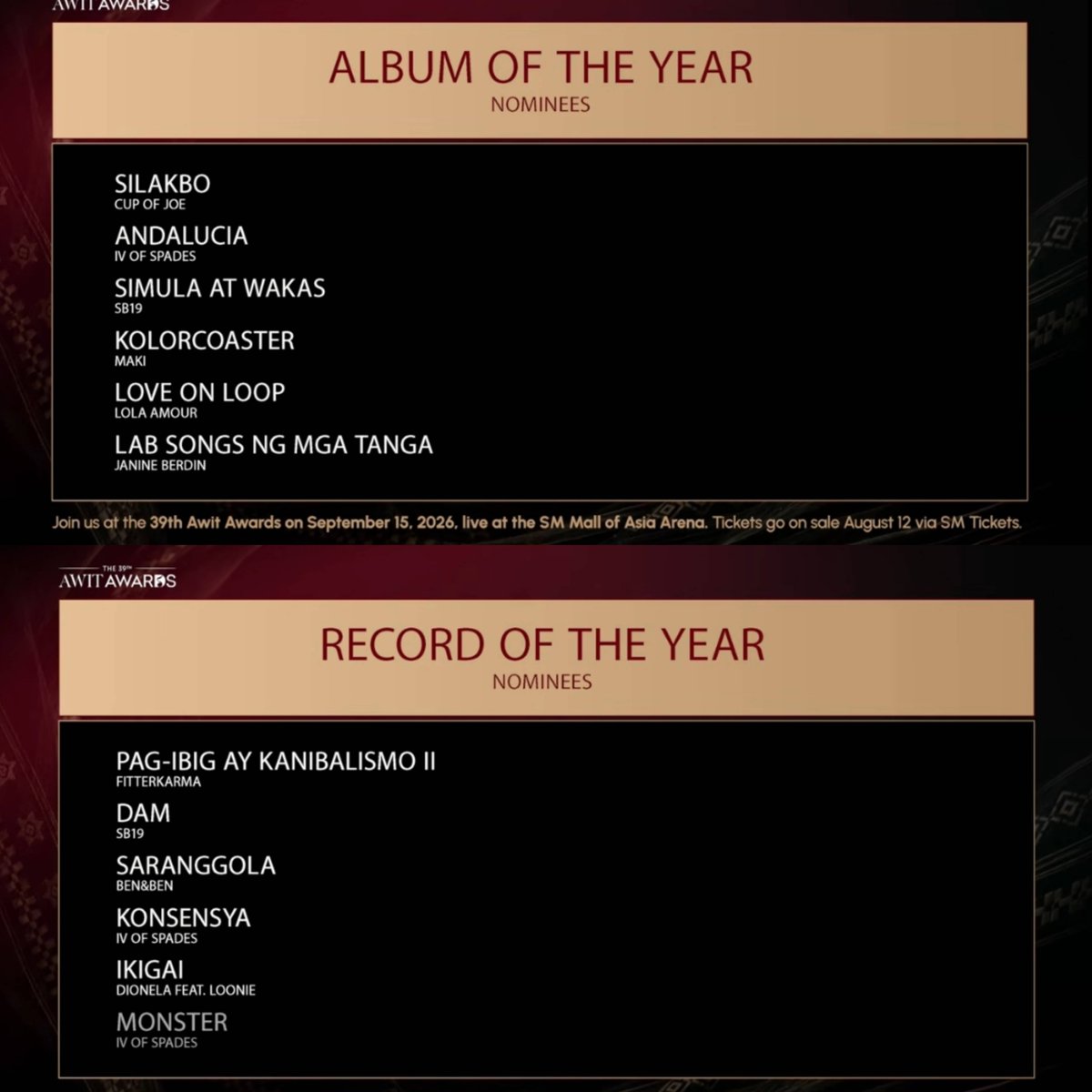 philconcerts's tweet photo. Album of the Year and Record of the Year Nominees are:

#39thAwitAwards https://t.co/rmJKLf0J3M