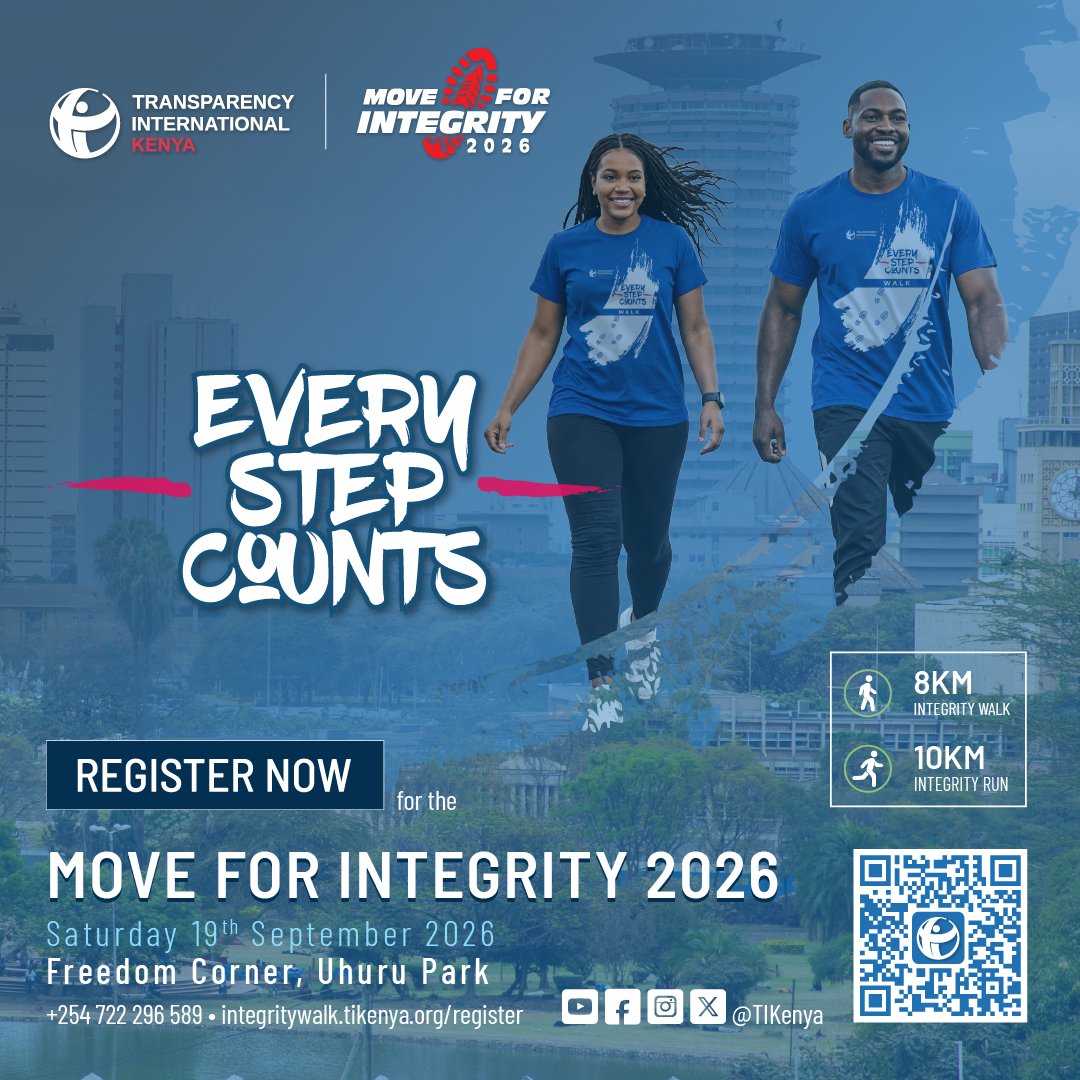 TIKenya's tweet photo. We are excited to announce this year's edition of Move for Integrity 2026!

📅 Date: Saturday, 19th September 2026
 📍 Venue: Freedom Corner, Uhuru Park, Nairobi

This year, we're going beyond the walk with an 8KM Integrity Walk and a 10KM Integrity Run giving you even more ways to champion transparency, accountability, and integrity.

More than just an event, every step and every stride will support the next generation of ethical leaders through Integrity Clubs in schools, colleges, and universities across Kenya.

Register today by scanning the QR code or visiting https://t.co/wXmceRp36b.
Walk with purpose. Run for change. Every Step Counts.

#MoveForIntegrity2026