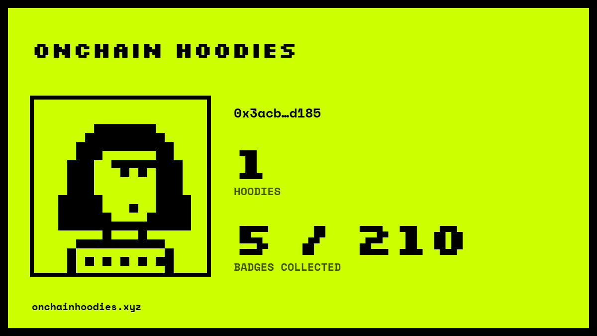 Modemolaa's tweet photo. I'm making a note to try out as many of the products built by @OnChainHoodies community members as I can.

This is the achievement checker that uses badges claimed to determine how for you've gone in the hood.

With my connected wallet holding my Hoodie, I got  5/210 badges collected.

Will be looking to get more badges as time goes on.

Link : https://t.co/SQs1zQ3hyR