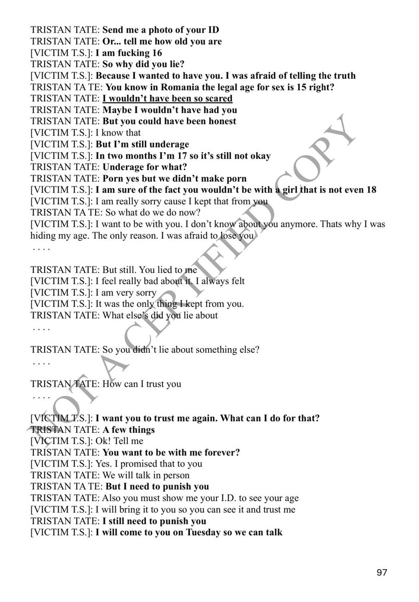 TheMilkBarTV's tweet photo. Below are verified chat messages extracted off of devices in the Romanian second case, seemingly showing Tristan Tate finding out a girl is only 16 and telling her: "I need to punish you". 

Then tells her: "For the next 10 times we have sex, its only in your ass." 

Tristan: "Google how to prepare for an@l sex, and buy the things that you need okay? So it feels more comfortable for us both." 

I believe the people still defending the Tates are telling you everything you need to know about them.
