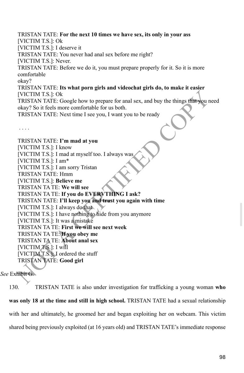 TheMilkBarTV's tweet photo. Below are verified chat messages extracted off of devices in the Romanian second case, seemingly showing Tristan Tate finding out a girl is only 16 and telling her: "I need to punish you". 

Then tells her: "For the next 10 times we have sex, its only in your ass." 

Tristan: "Google how to prepare for an@l sex, and buy the things that you need okay? So it feels more comfortable for us both." 

I believe the people still defending the Tates are telling you everything you need to know about them.
