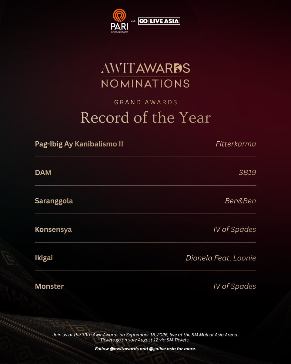 AwitAwards's tweet photo. MEET THE OFFICIAL NOMINEES OF THE 39TH AWIT AWARDS.

Presented by PARI and Go Live Asia, the #39thAwitAwards proudly unveils this year's official nominees across 34 award categories, recognizing the finest achievements in Filipino recorded music.

 #AwitAwards #OPM https://t.co/AgfAe7Swbe