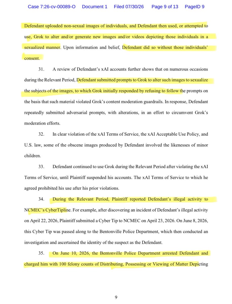 GivnerAriel's tweet photo. xAI just sued an Arkansas photographer for using Grok to generate non-consensual explicit images of real people… including CSAM.

Defendant repeatedly uploaded ordinary photos and crafted prompts to bypass Grok’s safeguards so the tool would sexualize them. 

xAI’s CyberTip to NCMEC led directly to his arrest on 100 felony counts. 

The company is now seeking a declaration that he breached the Terms of Service, indemnification, an injunction, and damages.