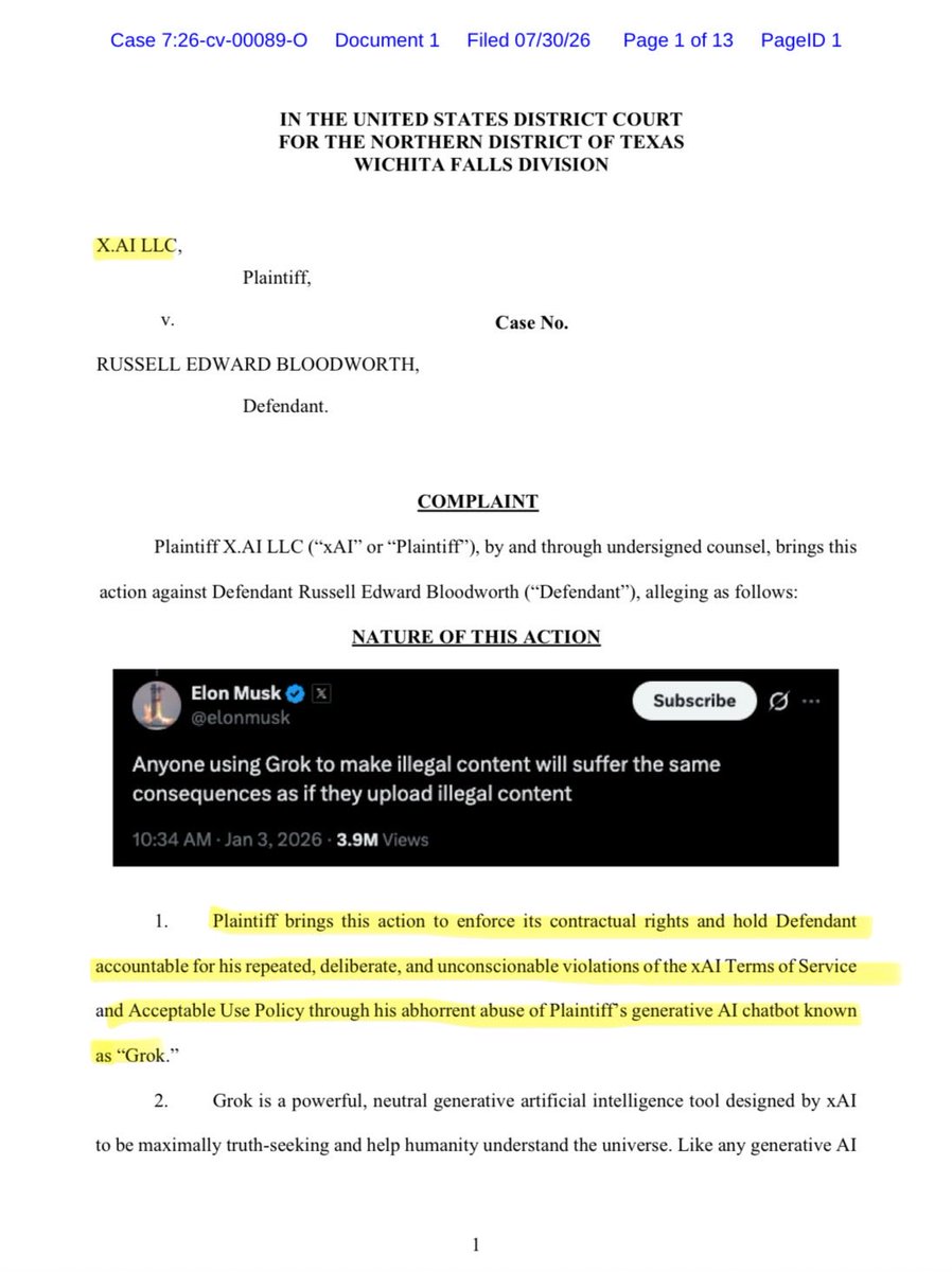 GivnerAriel's tweet photo. xAI just sued an Arkansas photographer for using Grok to generate non-consensual explicit images of real people… including CSAM.

Defendant repeatedly uploaded ordinary photos and crafted prompts to bypass Grok’s safeguards so the tool would sexualize them. 

xAI’s CyberTip to NCMEC led directly to his arrest on 100 felony counts. 

The company is now seeking a declaration that he breached the Terms of Service, indemnification, an injunction, and damages.