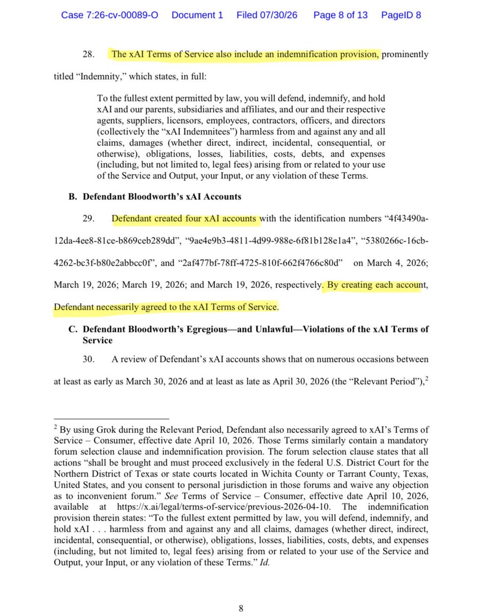 GivnerAriel's tweet photo. xAI just sued an Arkansas photographer for using Grok to generate non-consensual explicit images of real people… including CSAM.

Defendant repeatedly uploaded ordinary photos and crafted prompts to bypass Grok’s safeguards so the tool would sexualize them. 

xAI’s CyberTip to NCMEC led directly to his arrest on 100 felony counts. 

The company is now seeking a declaration that he breached the Terms of Service, indemnification, an injunction, and damages.