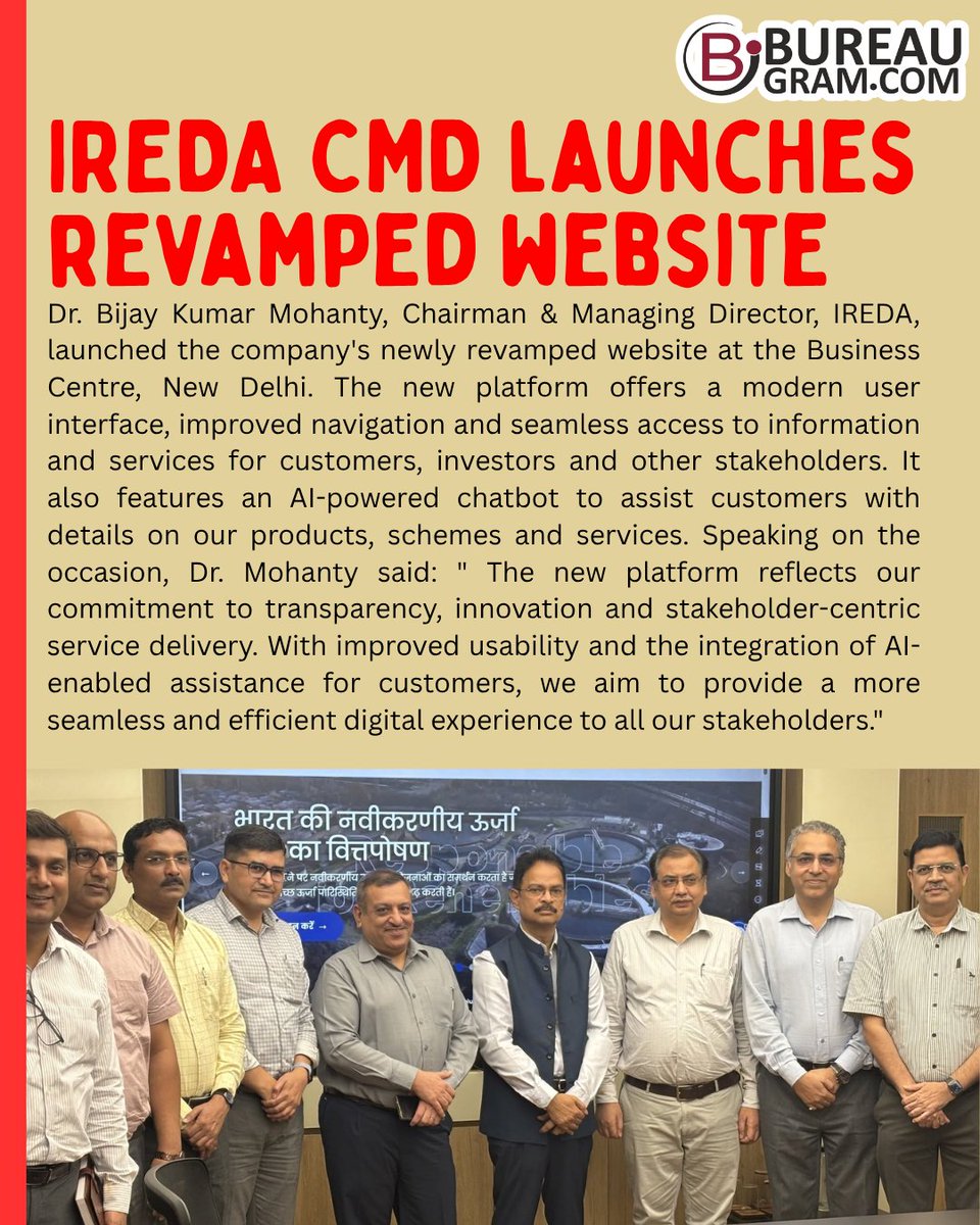 bureaugram's tweet photo. https://t.co/K1dZ4dveQD
IREDA CMD launches revamped website..
.
.
@IREDAofficial @MNREIndia @mygovindia

#BureaugramNews #IREDA #BijayKumarMohanty #DigitalTransformation #AI #ArtificialIntelligence #Innovation #RenewableEnergy #GreenEnergy #CustomerCentric #Technology https://t.co/XZNAIHjC1S