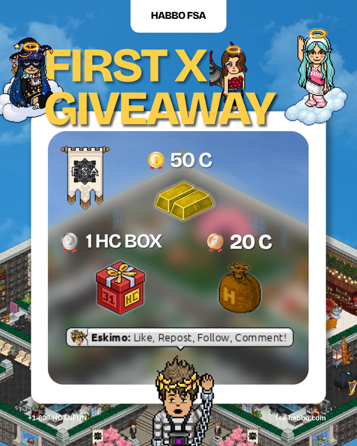 HabboFSA's tweet photo. 🎉FSA'S FIRST-EVER GIVEAWAY!🎉

To celebrate our first giveaway, we're giving prizes to 2 lucky winners!

🏆Prizes:
🥇1st Winner - 50c
🥈2nd Winner - HC
🥉3rd Winner - 20c
How to Enter:
-Follow @HabboFSA
-Like &amp; Repost
-Comment your Habbo Username
-Tag 3 friends

Goodluck!
#Habbo https://t.co/Hh6f3lRjnb